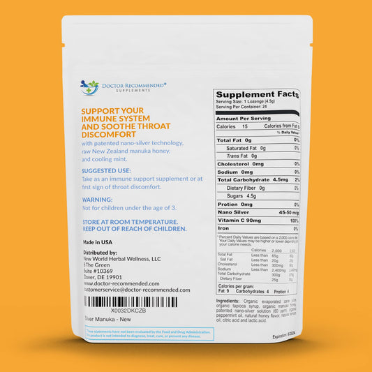Close-up of Nano Silver lozenge ingredients highlighting 60 PPM colloidal silver