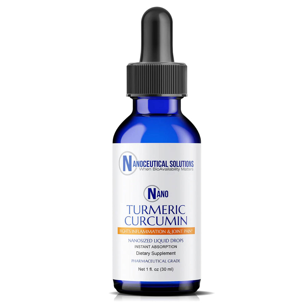 Bottle of Nano Turmeric Curcumin liquid with dropper