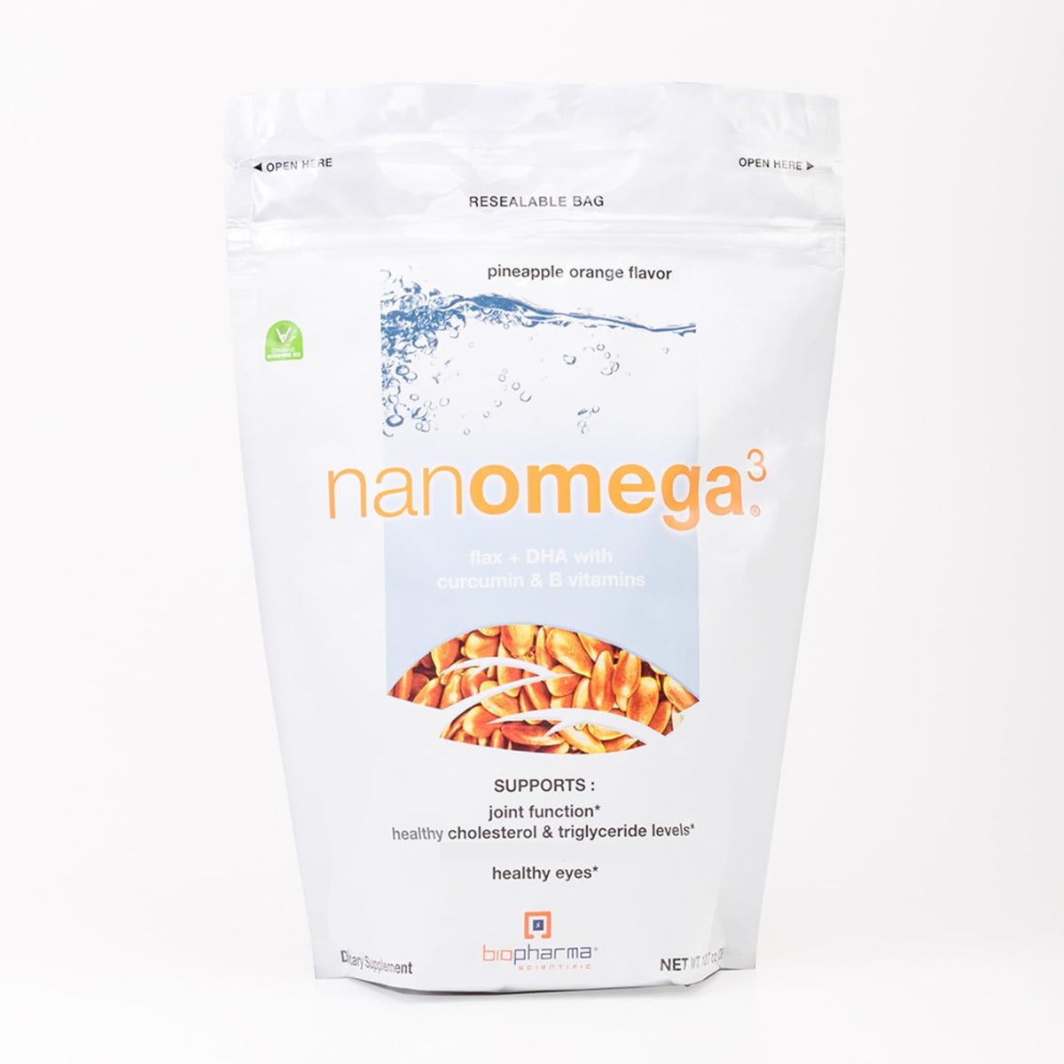 NanoOmega vegan omega-3 pineapple orange flavor bottle with 30 servings