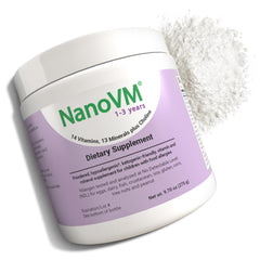 NanoVM allergen-free multivitamin powder in a jar for kids aged 1-3