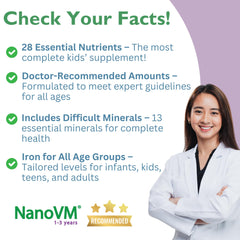 NanoVM packaging highlighting 14 vitamins and 13 minerals
