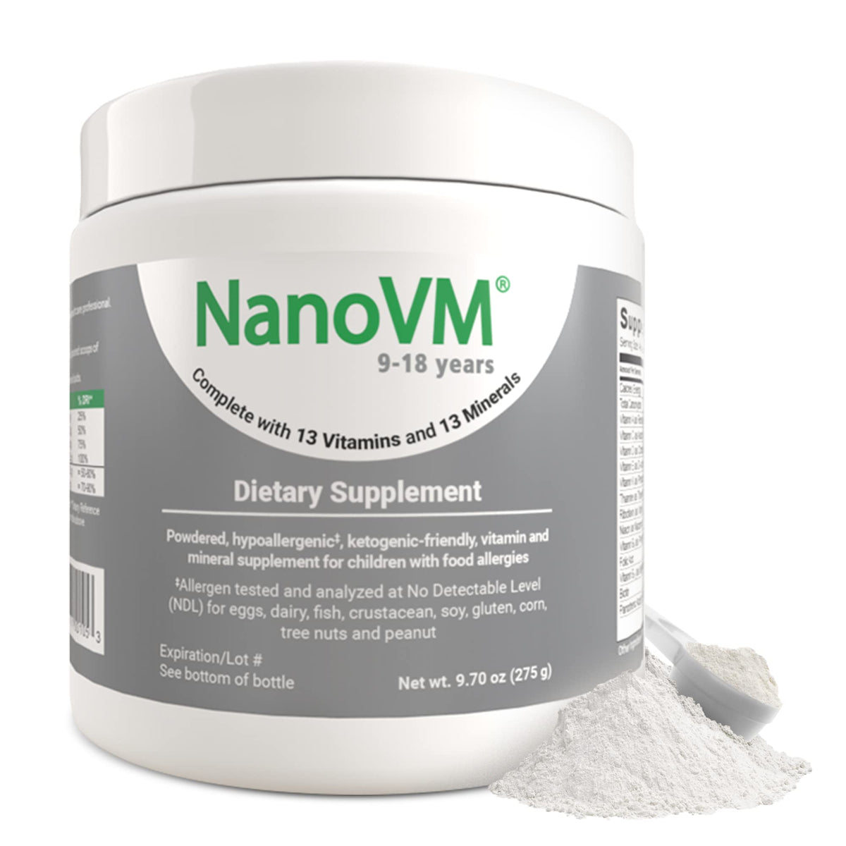 NanoVM 9-18 years allergen-free multivitamin powder bottle