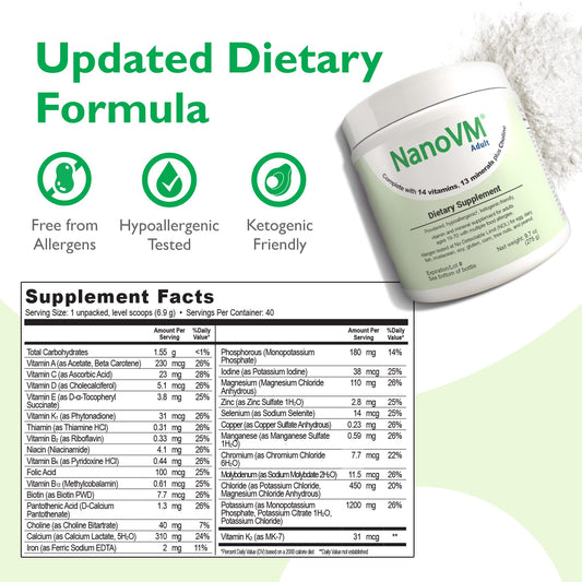 Unflavored NanoVM Adult multivitamin powder jar label