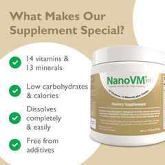 NanoVM t/f low-carb scoop showing 0.1 g carbs per serving.