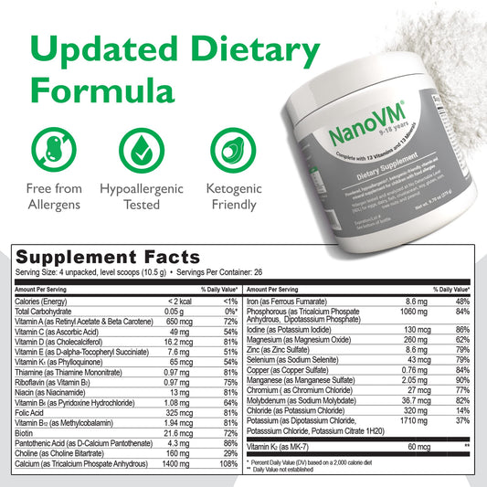 Unflavored NanoVM powder for kids being mixed into puree