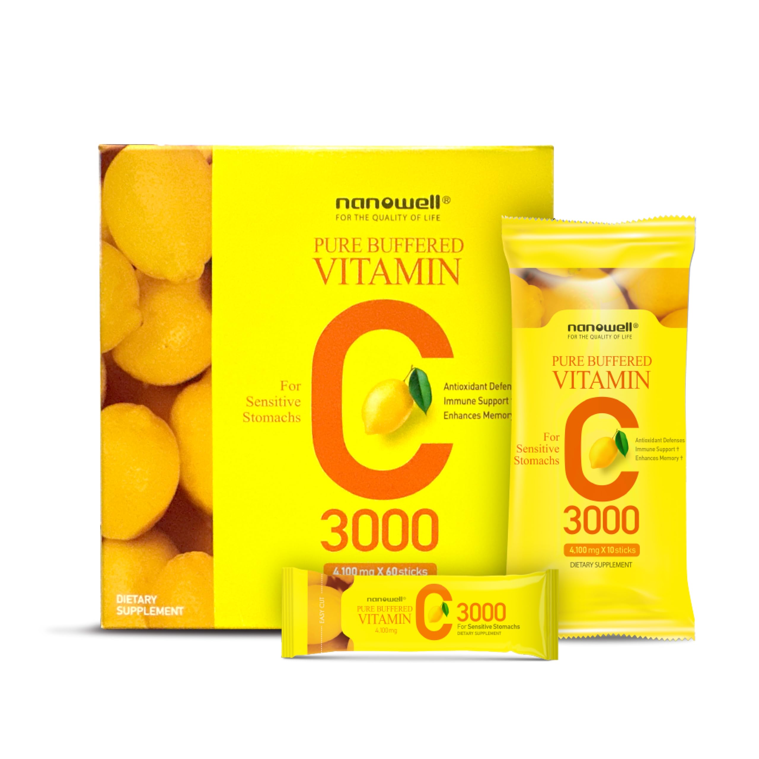NANOWELL Pure Buffered Vitamin C 3000 mg per serving bottle and sticks