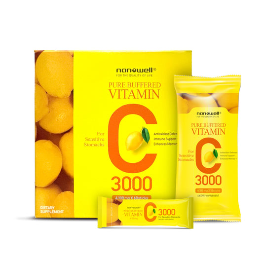 NANOWELL Pure Buffered Vitamin C 3000 mg per serving bottle and sticks