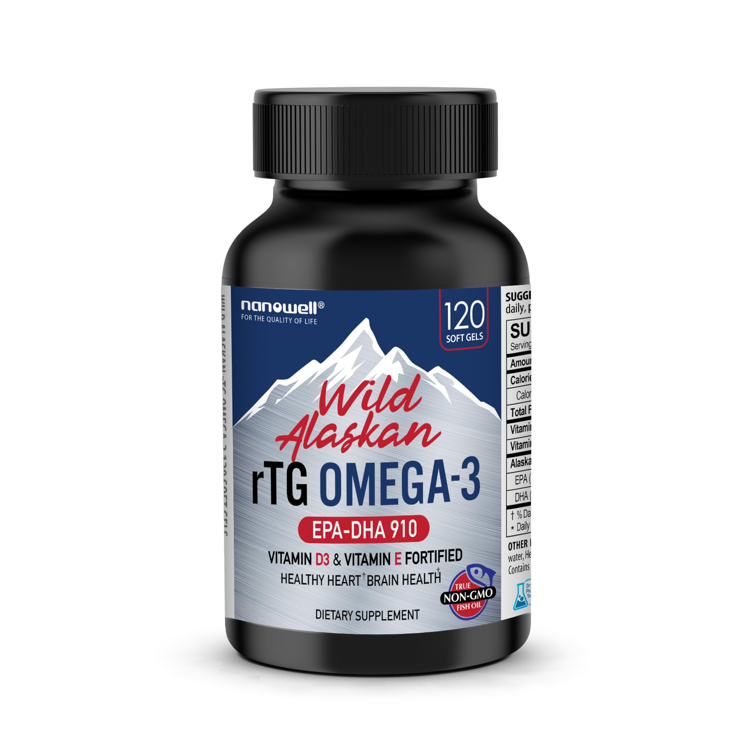 NANOWELL Wild Alaskan Omega-3 Fish Oil bottle with 120 softgels label front