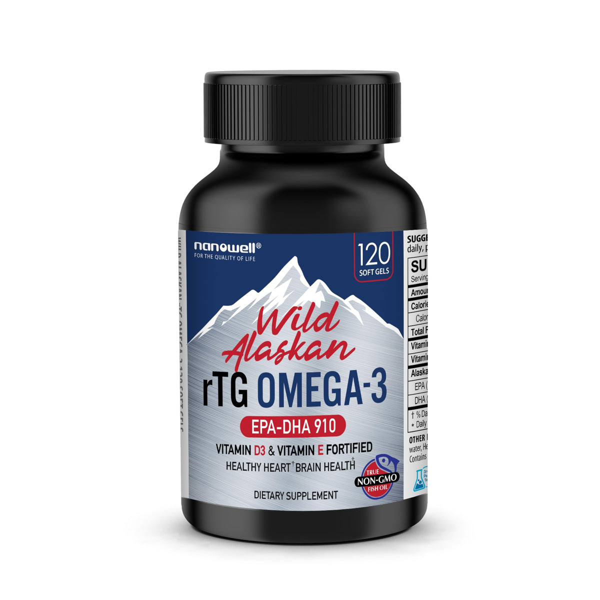 NANOWELL Wild Alaskan Omega-3 Fish Oil bottle with 120 softgels label front