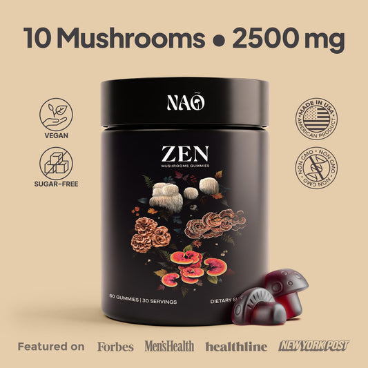 Close-up of Reishi and Lion's Mane imagery on NAO gummies label