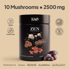 Close-up of Reishi and Lion's Mane imagery on NAO gummies label