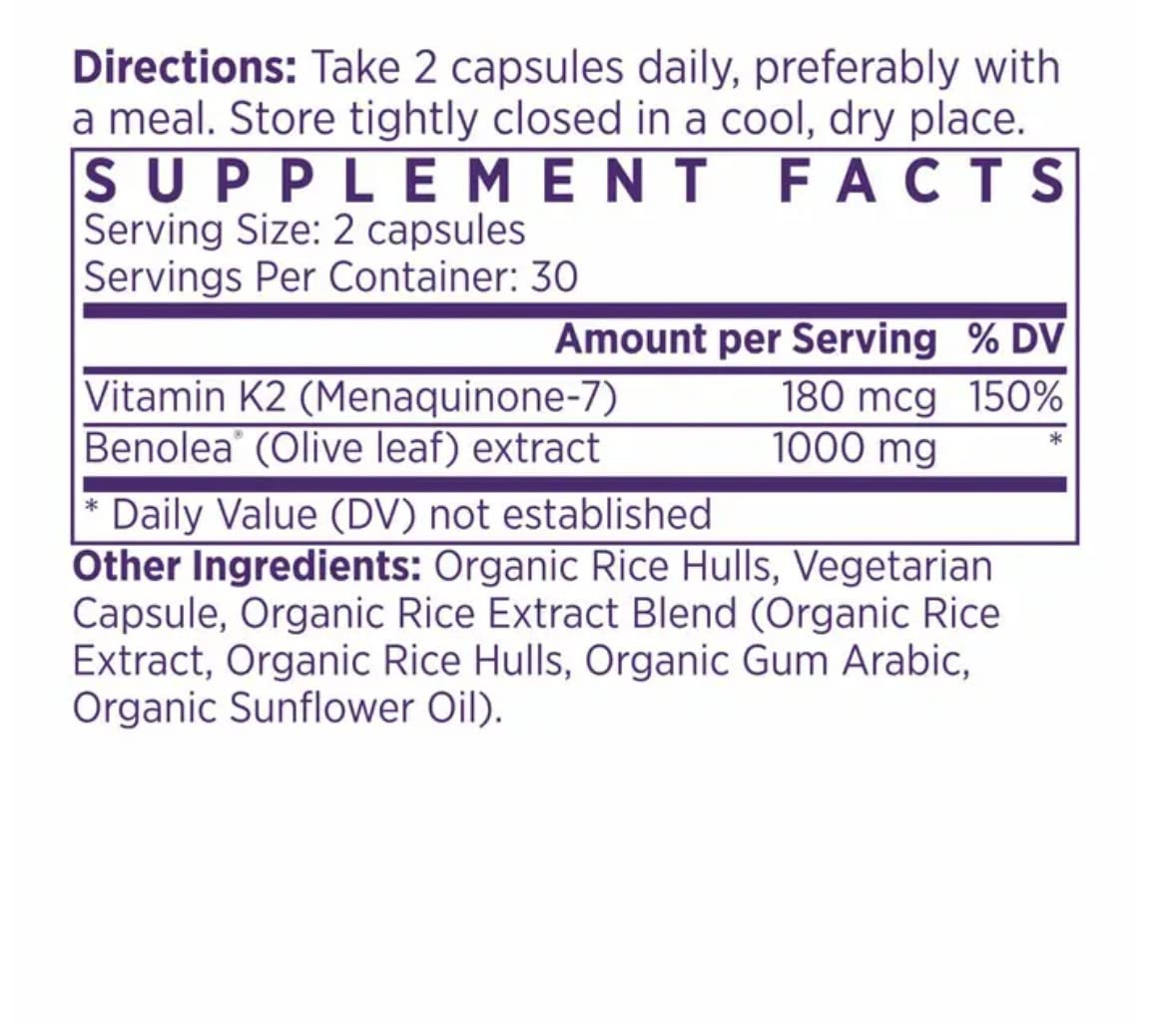 Close-up of product label displaying olive leaf extract and vitamin K2 amounts