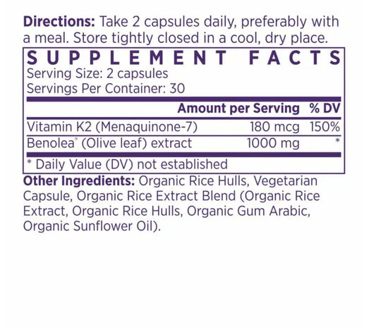 Close-up of product label displaying olive leaf extract and vitamin K2 amounts