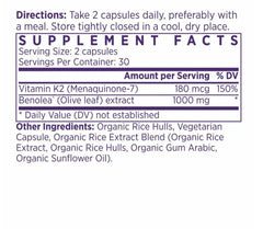 Close-up of product label displaying olive leaf extract and vitamin K2 amounts