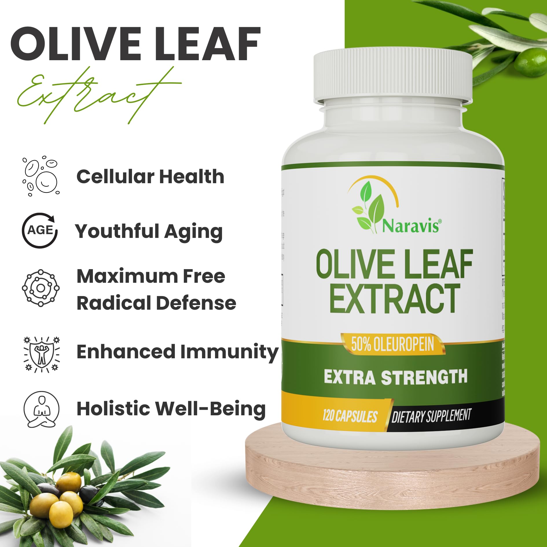 Close-up of 50% Oleuropein per serving label on Naravis Olive Leaf Extract