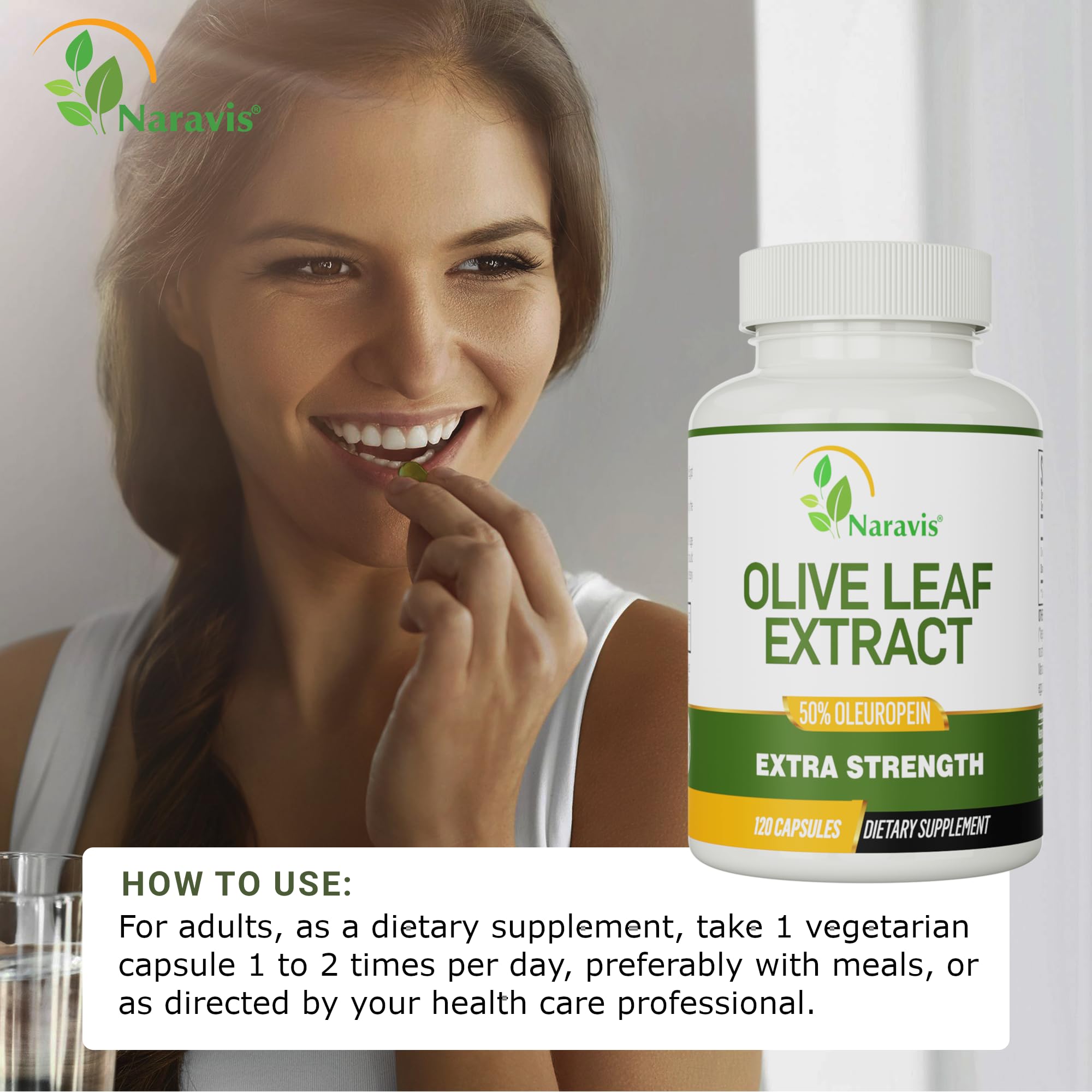 Supplement facts panel: 300 mg olive leaf extract per capsule