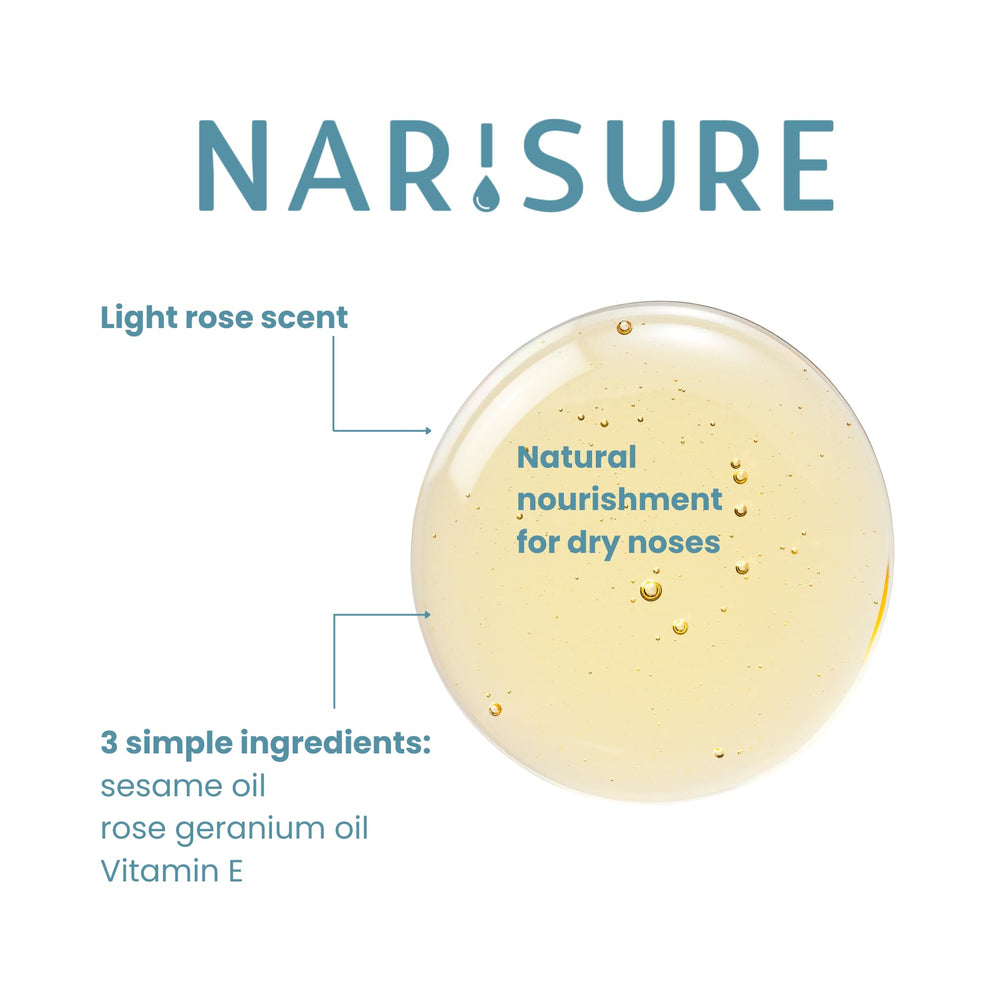 Narisure Dry Nose Relief Oil dropper top used for precise, mess-free nasal application.