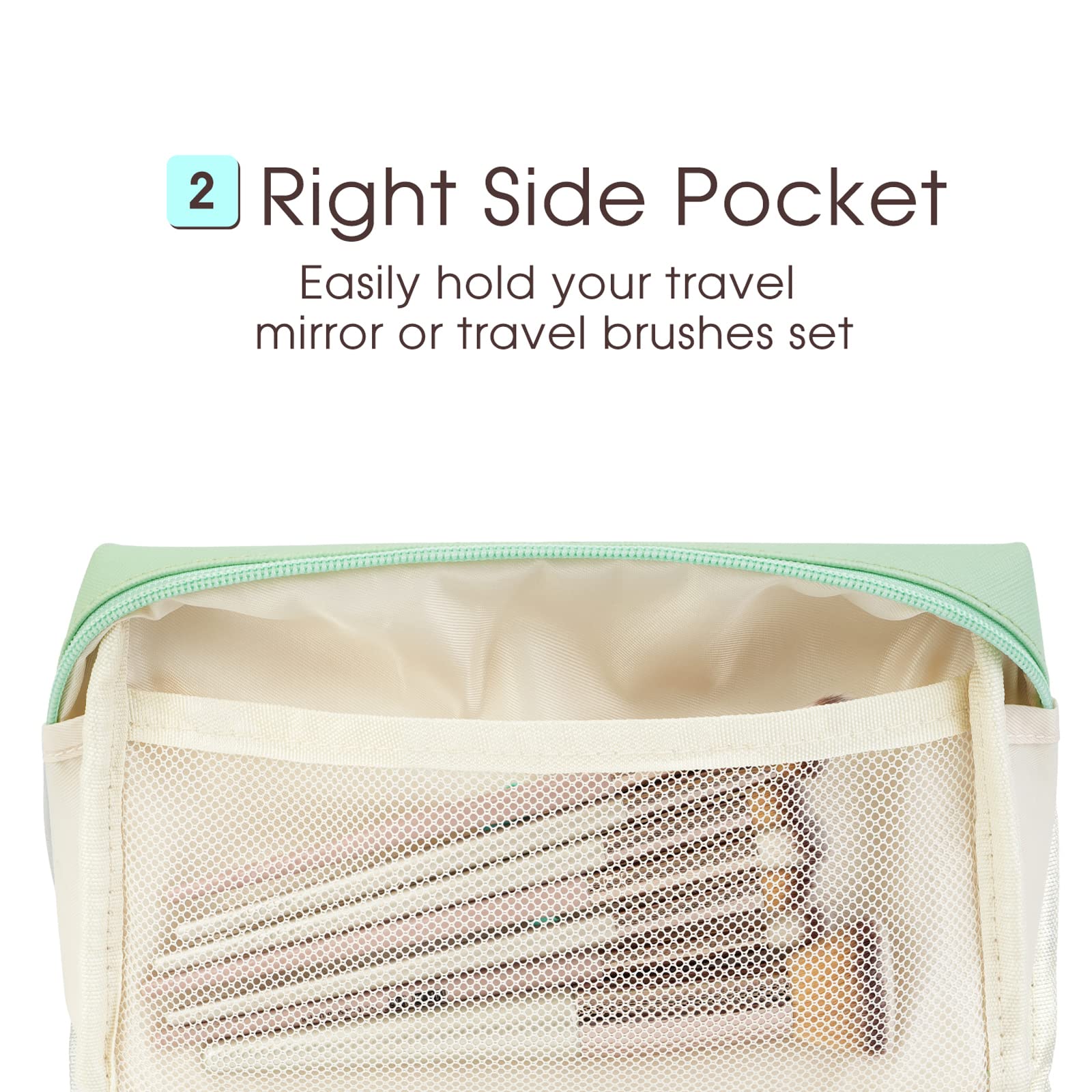 Narwey large green makeup bag interior with three pockets for brushes and essentials.