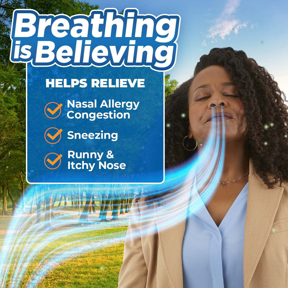 Nasacort product benefit visual: non-drowsy relief any time.