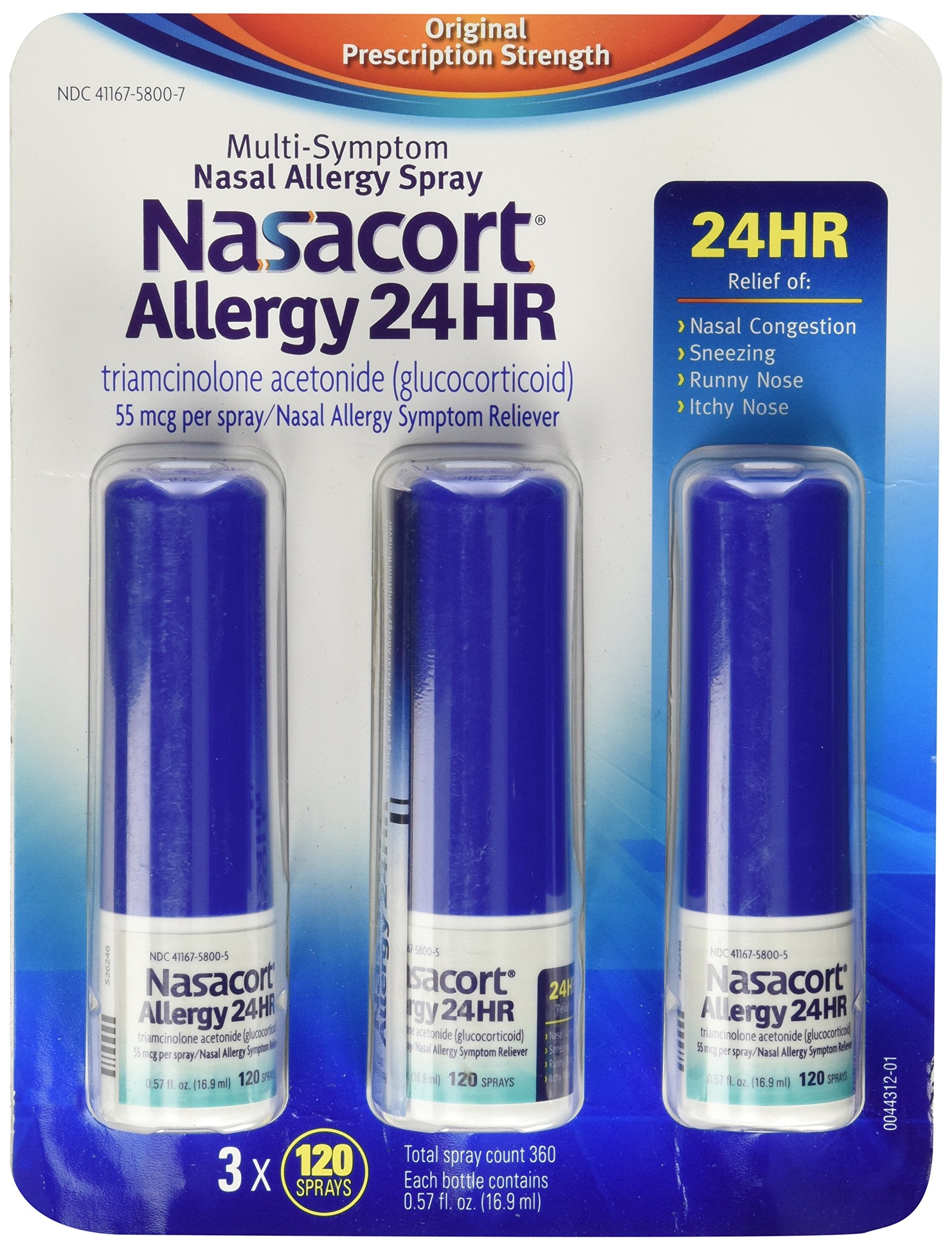 Nasacort nasal-spray non-drip 3-pack bottle for all-day allergy relief.