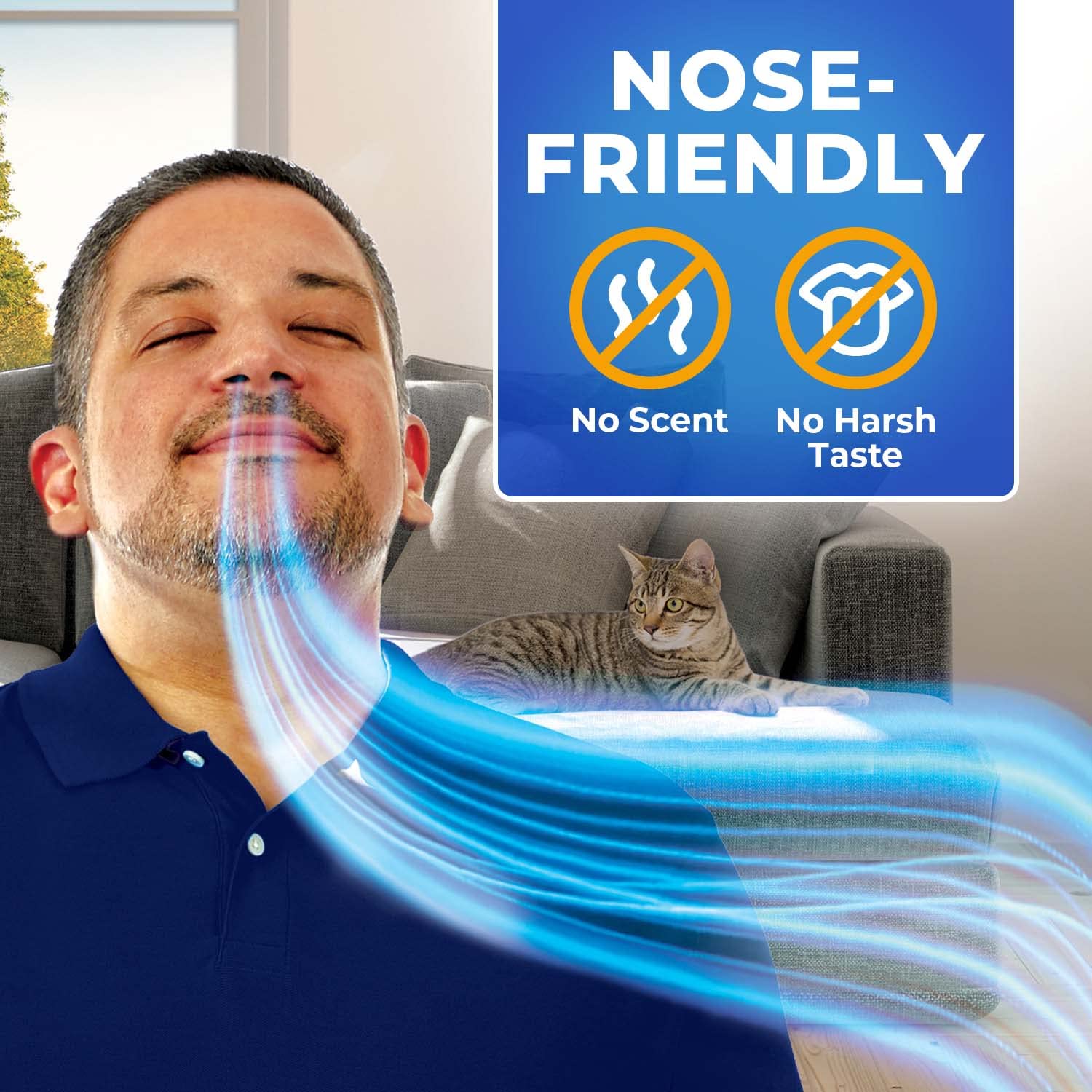 Nasacort usage scene focusing on relief from congestion and sneezing.