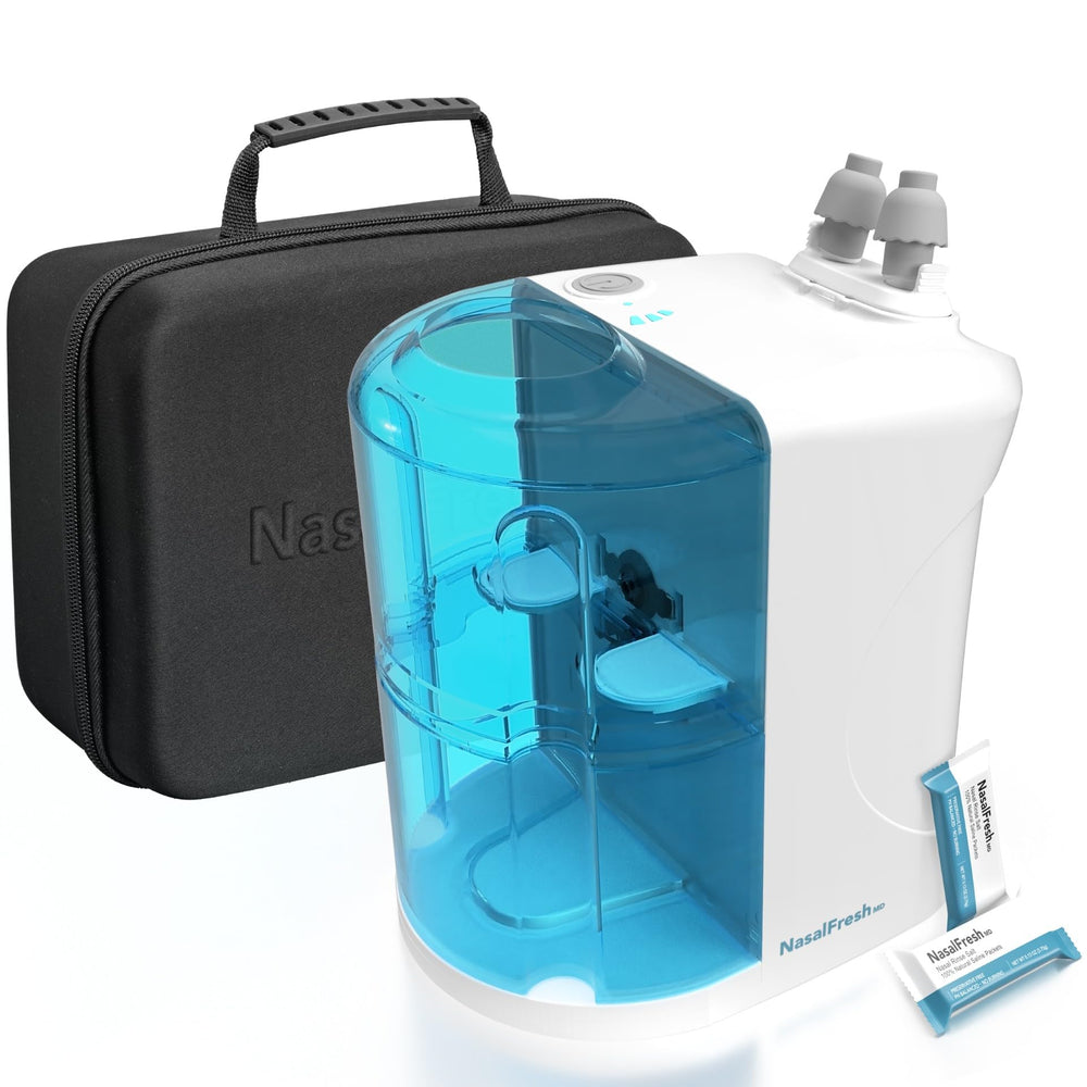 NASALFRESH MD premium bundle on sink showing dual-powered nasal irrigation system for easy cleansing