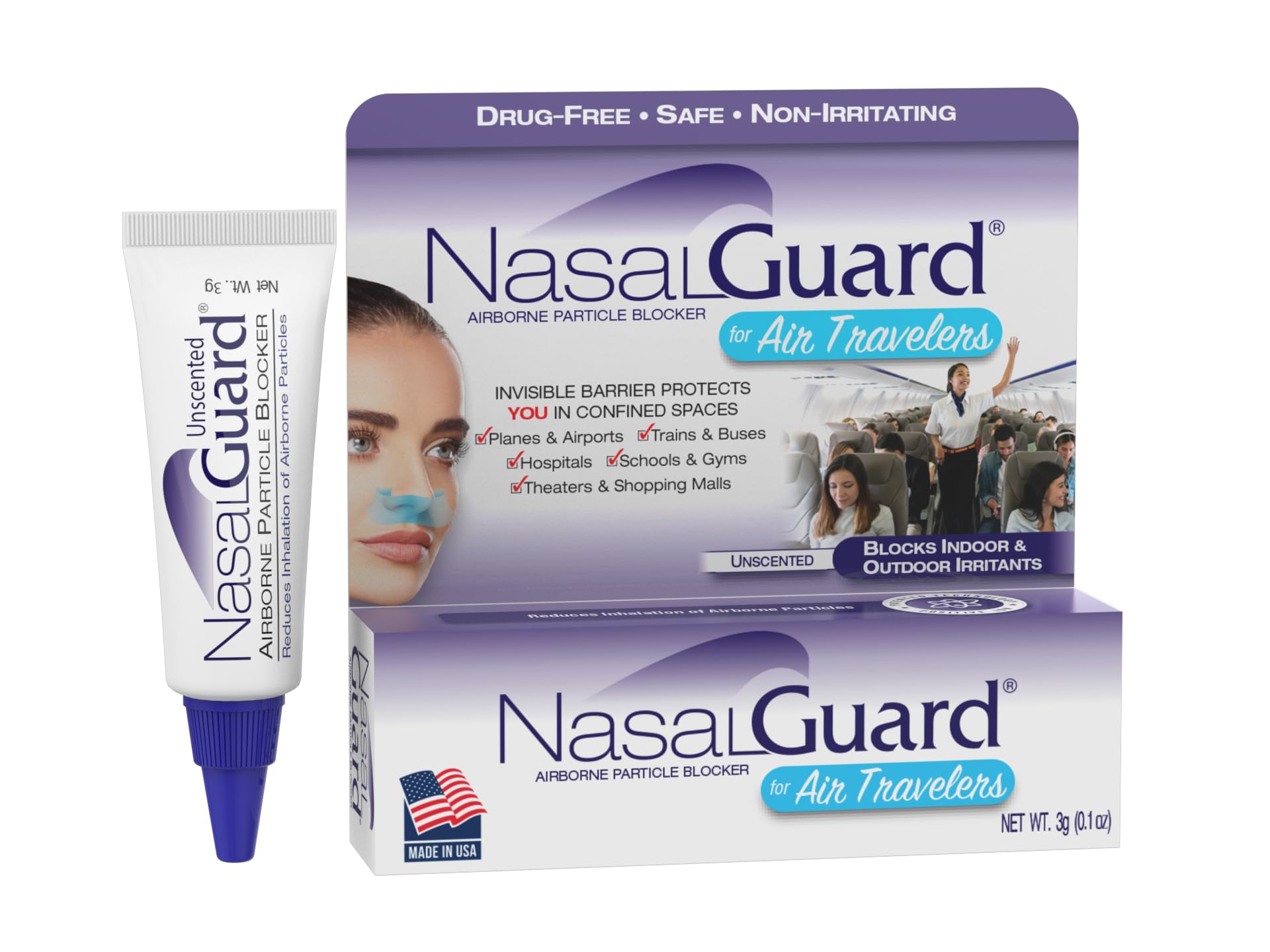 NasalGuard nasal gel tube close-up showing portable airborne protection.