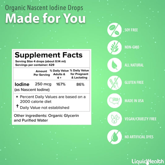 Close-up of Nascent Iodine Drops bottle illustrating thyroid support and immunity benefits