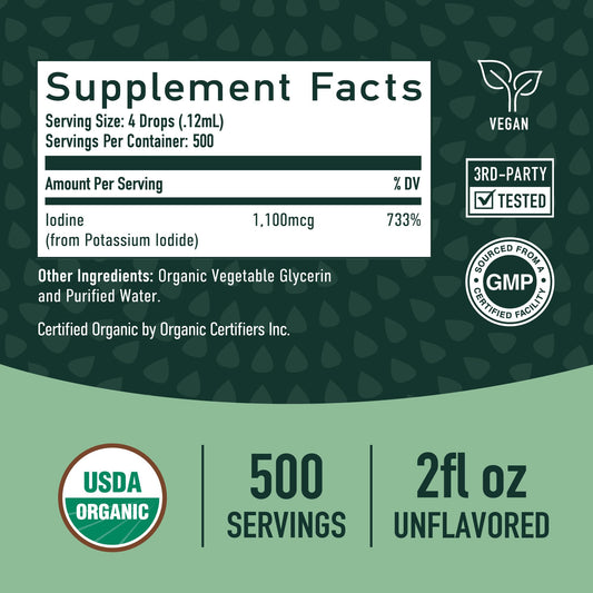 Label shows 1100 mcg per serving on Nascent Iodine Organic Liquid Drops