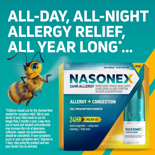 Nasonex 24HR nasal spray mist close-up suggests non-drowsy daytime use