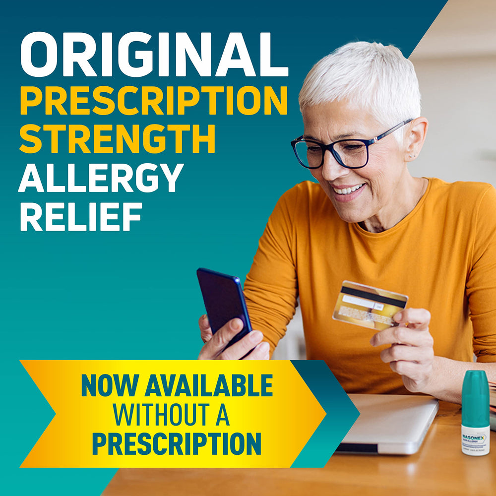 Nasonex bottle closeup highlighting scent-free mist for all-day comfort