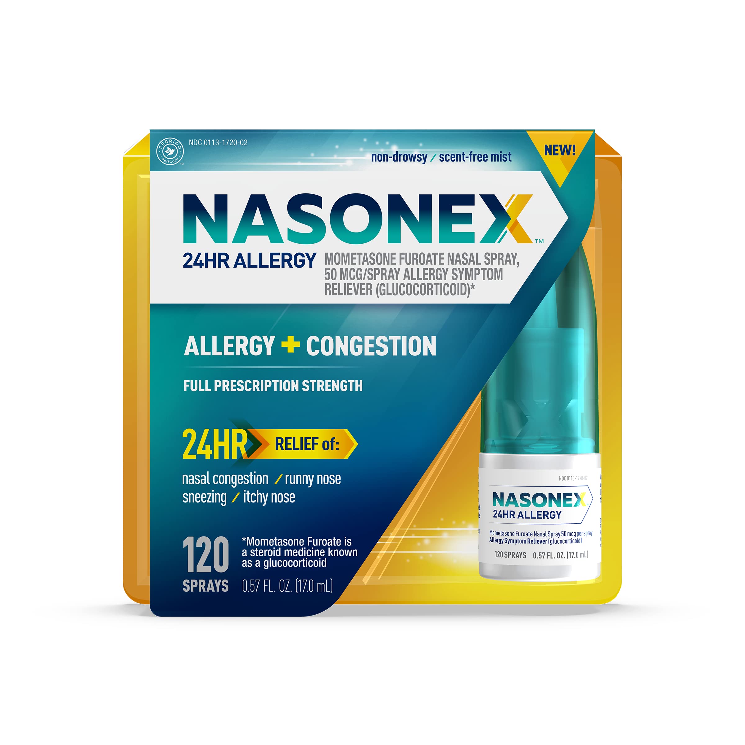 Nasonex bottle front ready for all-day allergy relief on a countertop