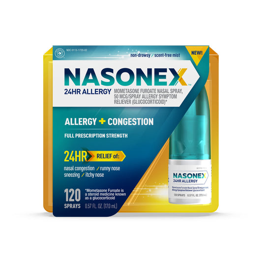 Nasonex bottle front ready for all-day allergy relief on a countertop