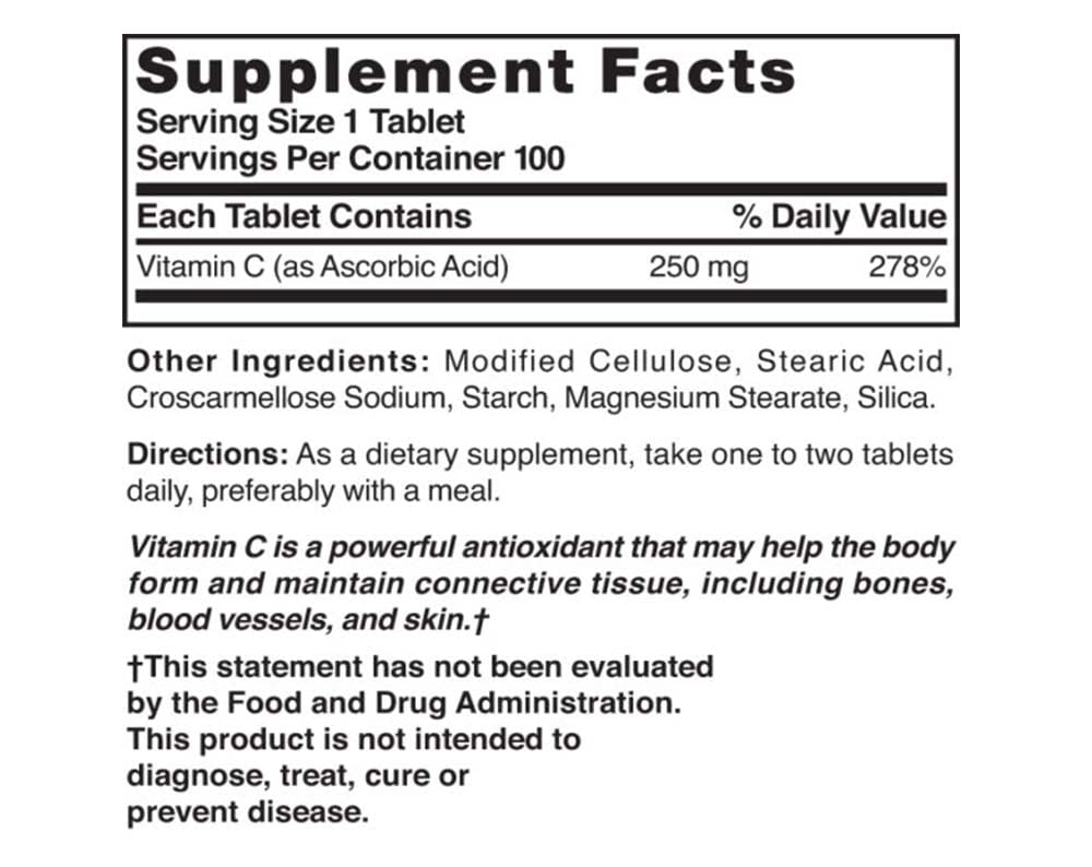 Supplement facts panel for Vitamin C 250 mg