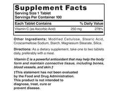 Supplement facts panel for Vitamin C 250 mg