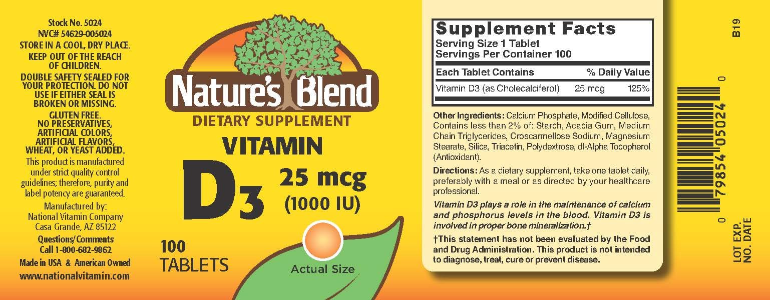 Back label of NAT B VIT D3 TB 1000IU 100 bottle