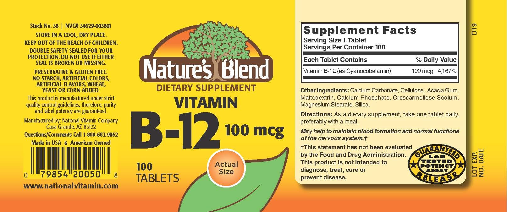 Bottle of NAT B Vitamin B-12 TB 100MCG 100 with capsules