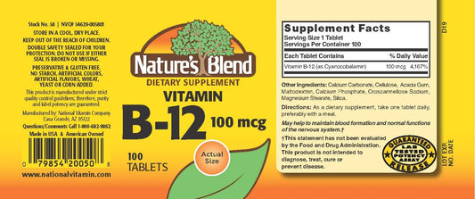 Bottle of NAT B Vitamin B-12 TB 100MCG 100 with capsules