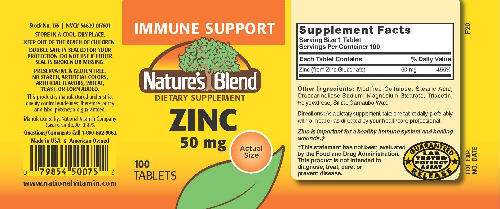 NAT B ZINC GLUC TB 50MG 100 bottle back label