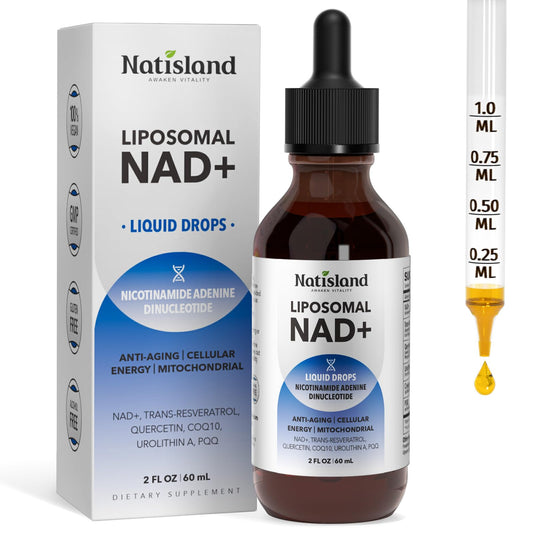 Berry-flavored NATISLAND liposomal NAD+ liquid with 1000 mg per 2 oz bottle