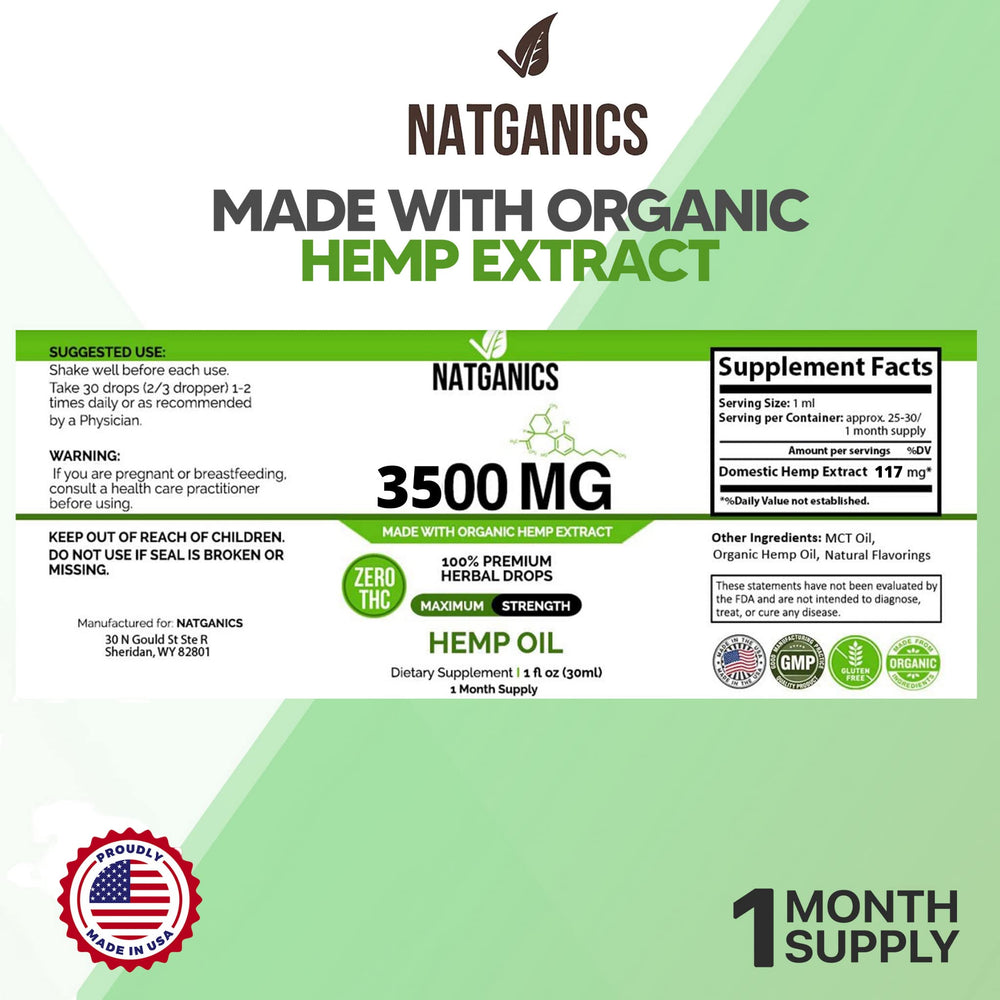 Natganics Hemp Oil 3500mg dropper pour for convenient daily dosage.