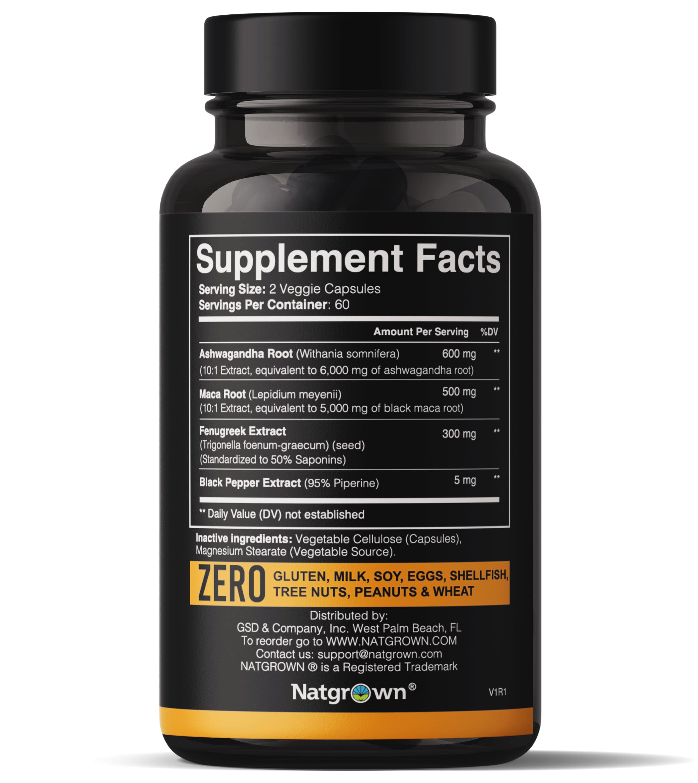 Close-up of Natgrown Ashwagandha Maca Root Fenugreek capsules