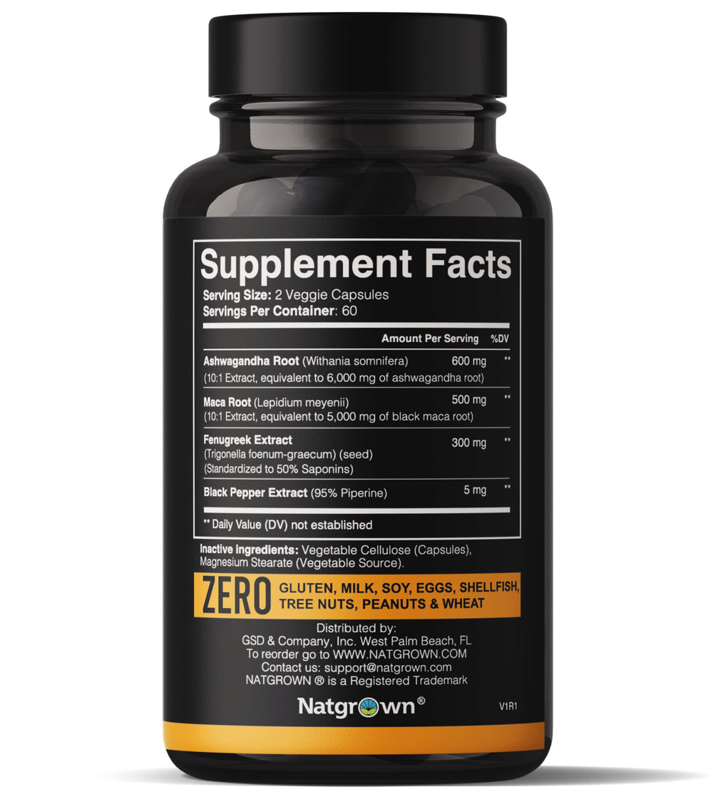 Close-up of Natgrown Ashwagandha Maca Root Fenugreek capsules