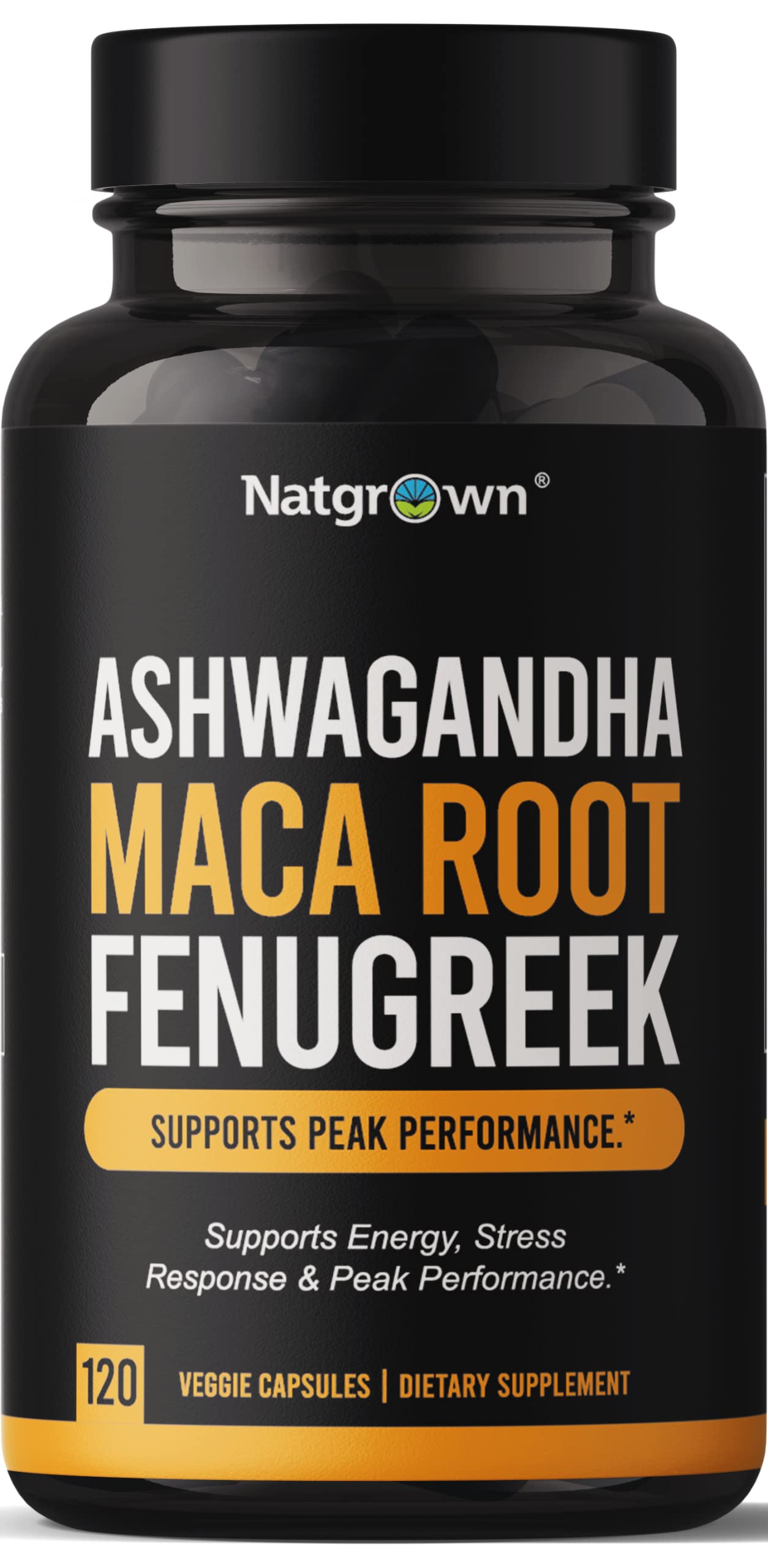 Bottle of Natgrown Ashwagandha Maca Root Fenugreek capsules with 120 count label on white background