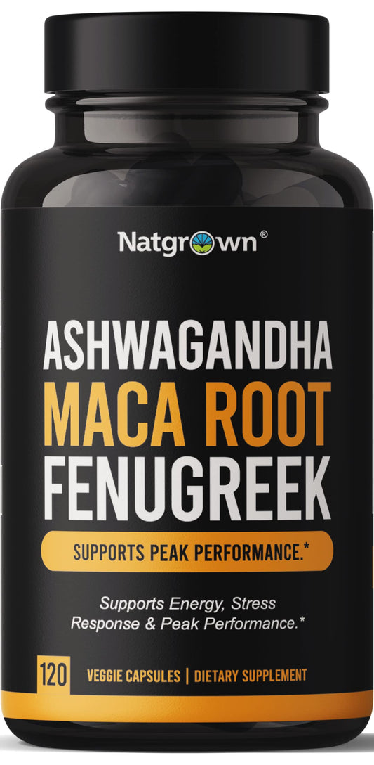 Bottle of Natgrown Ashwagandha Maca Root Fenugreek capsules with 120 count label on white background