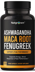 Bottle of Natgrown Ashwagandha Maca Root Fenugreek capsules with 120 count label on white background