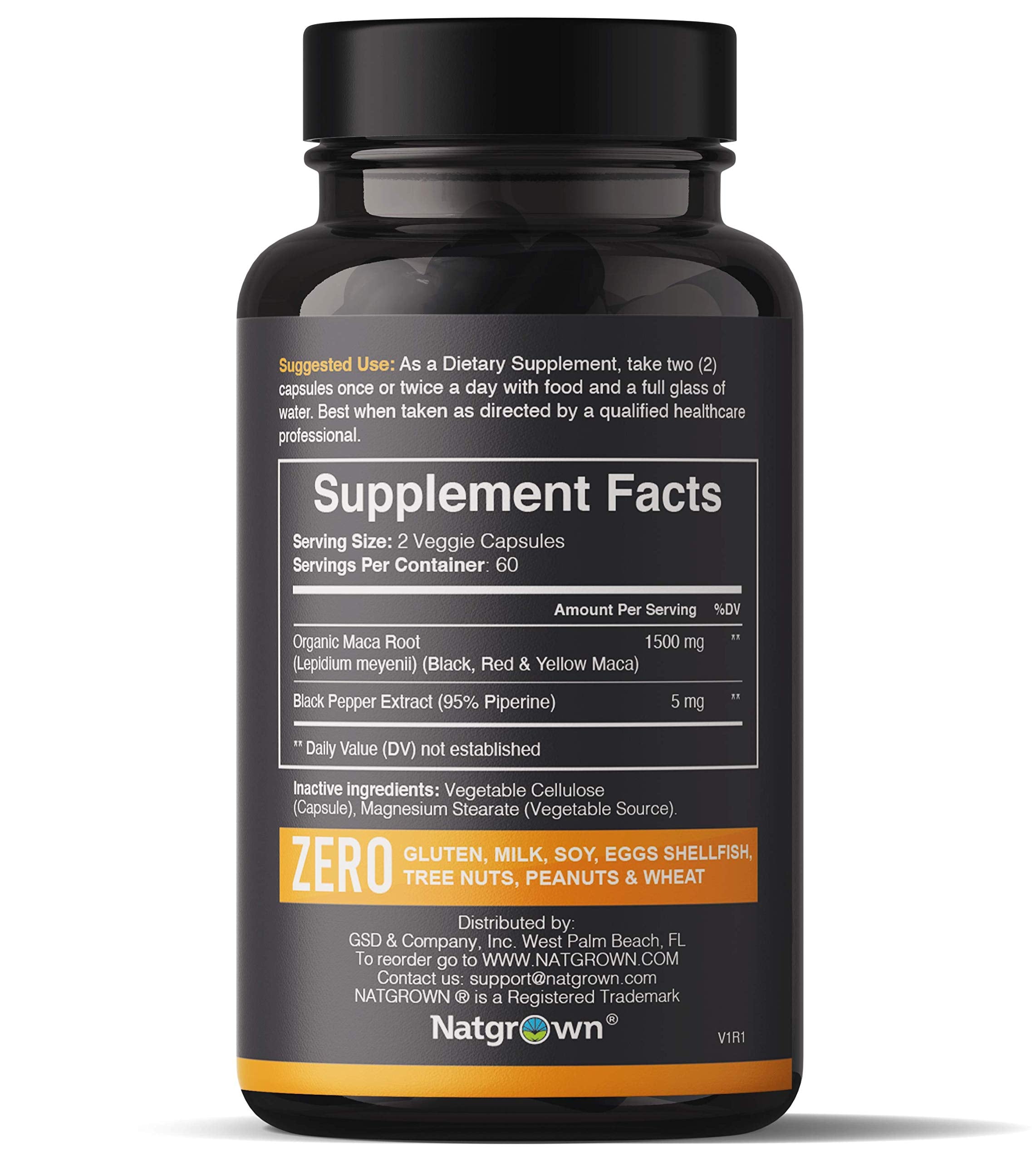 Close-up of 1500 mg maca root capsules