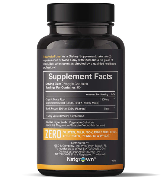 Close-up of 1500 mg maca root capsules
