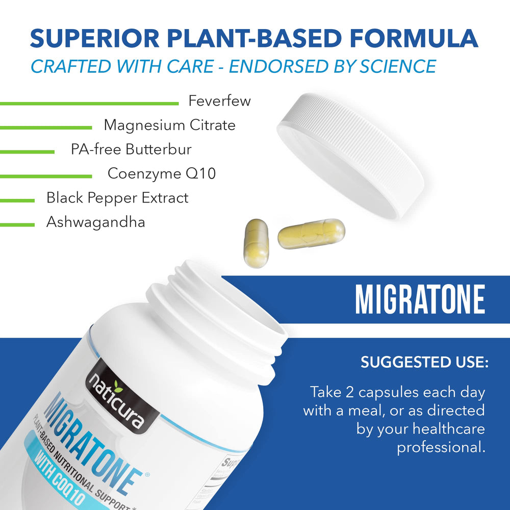 Naticura Migratone bottle with pills on table illustrating daily routine integration