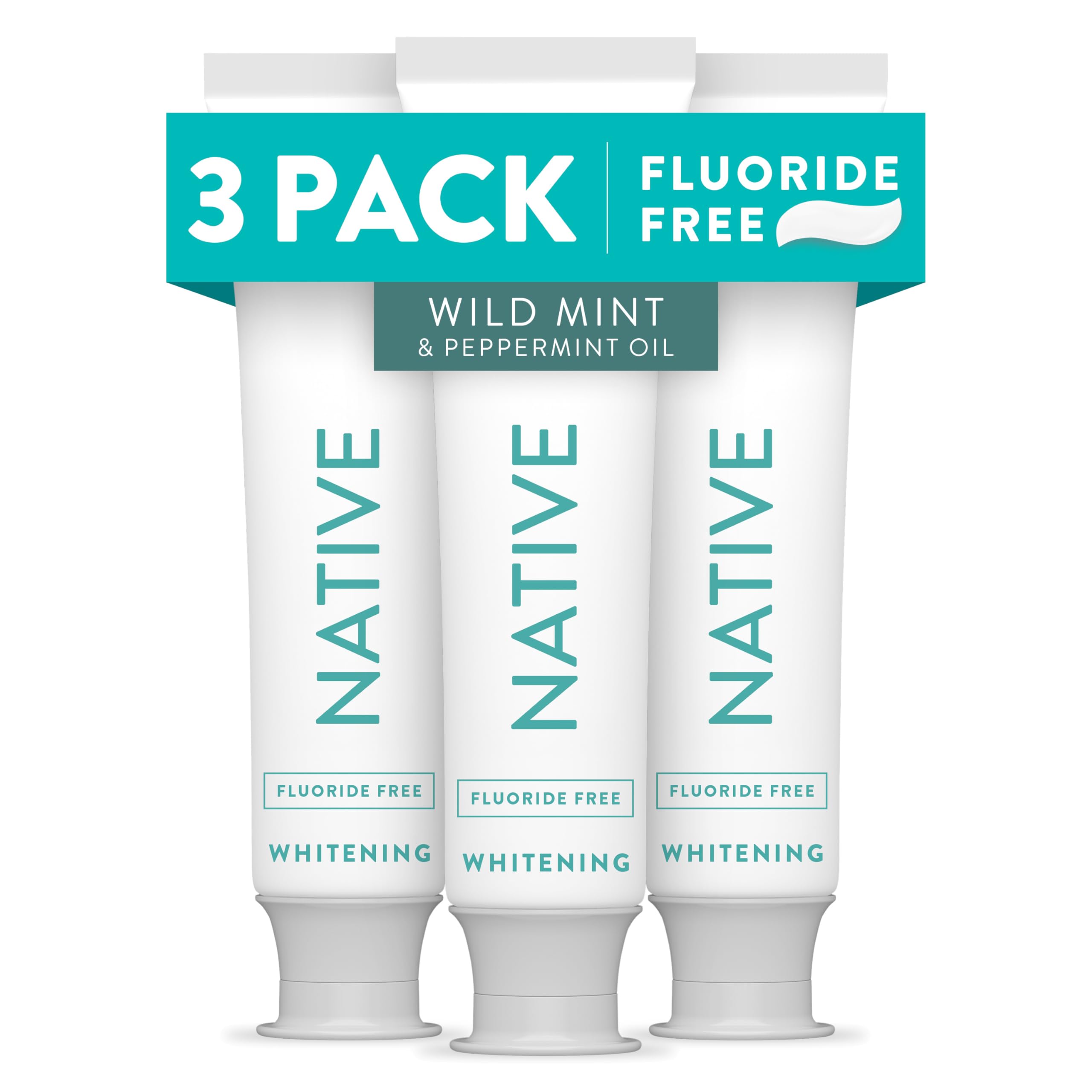 Front view of Native fluoride-free whitening toothpaste 3-pack in Wild Mint flavor